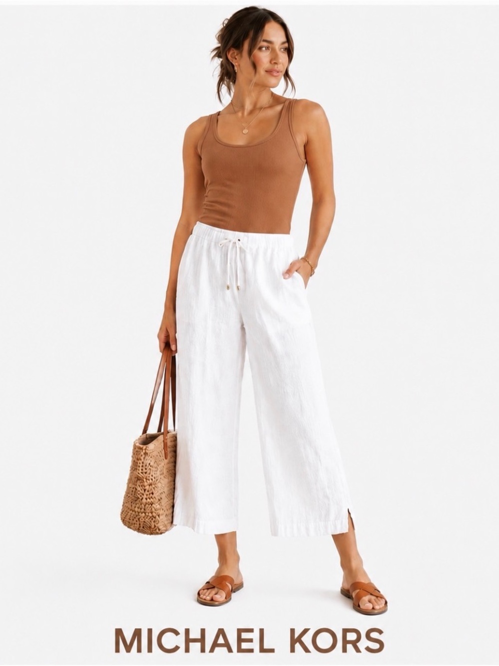Michael Kors Linen Blend Pants Womens L White Wide Leg Crop Beach Resort Chic
